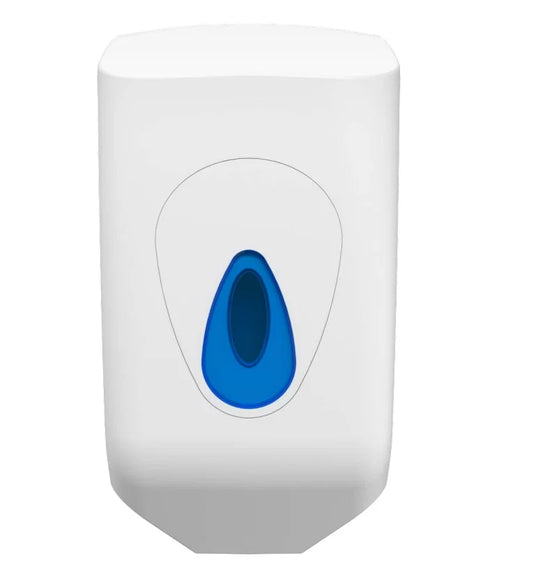 Front view od a White Centrefeed Dispenser with a blue component on a white background