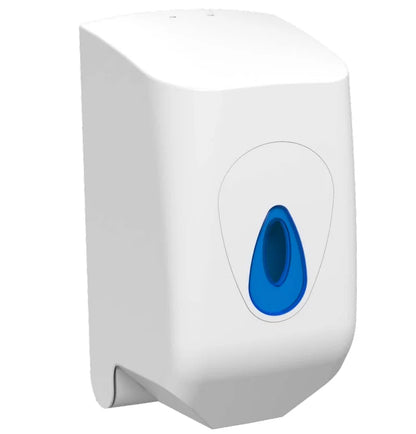 Front & side view of a White and blue Centrefeed Dispenser on a white background