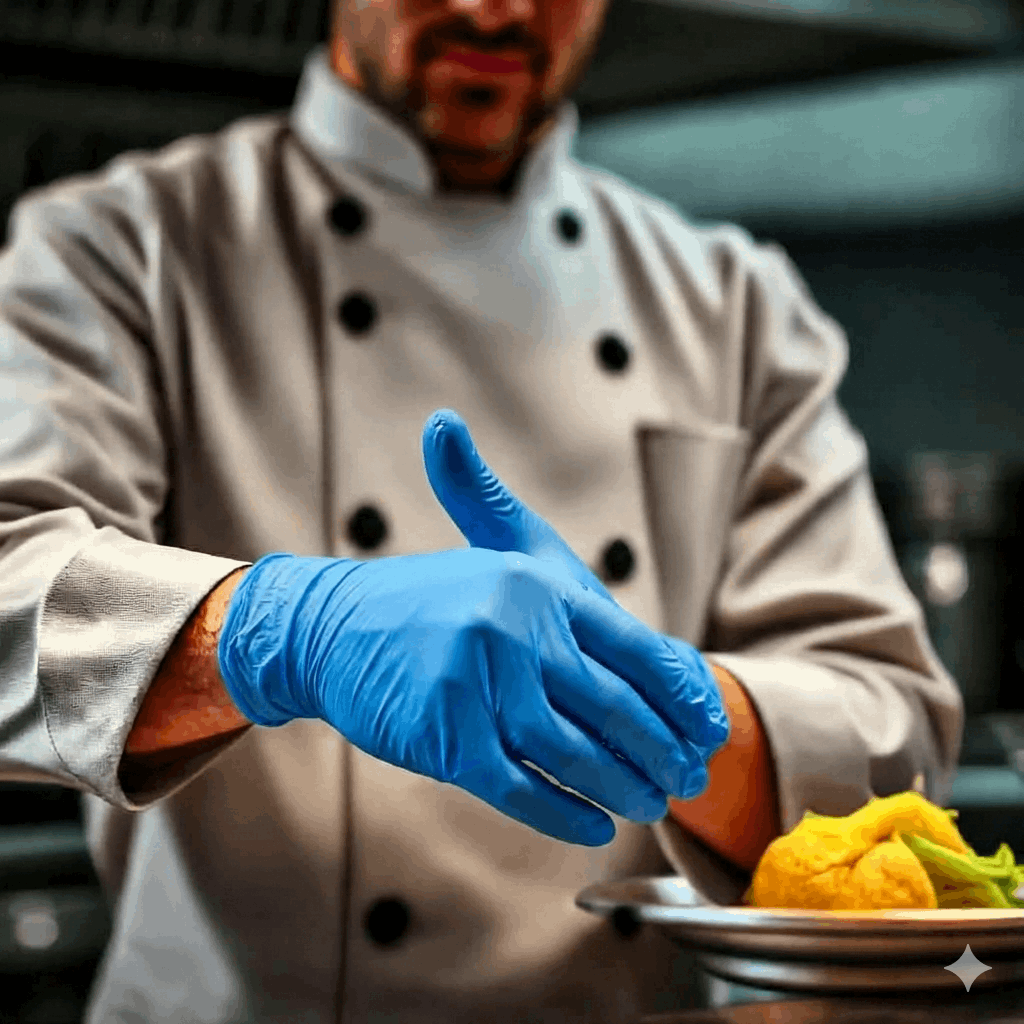 Chef wearing Blue Nitrile Gloves