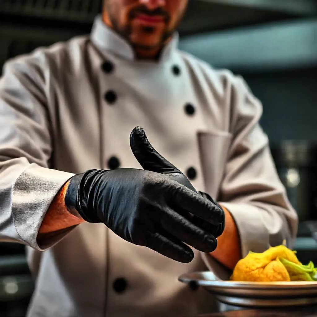 chef wearing black nitrile gloves while preparing food
