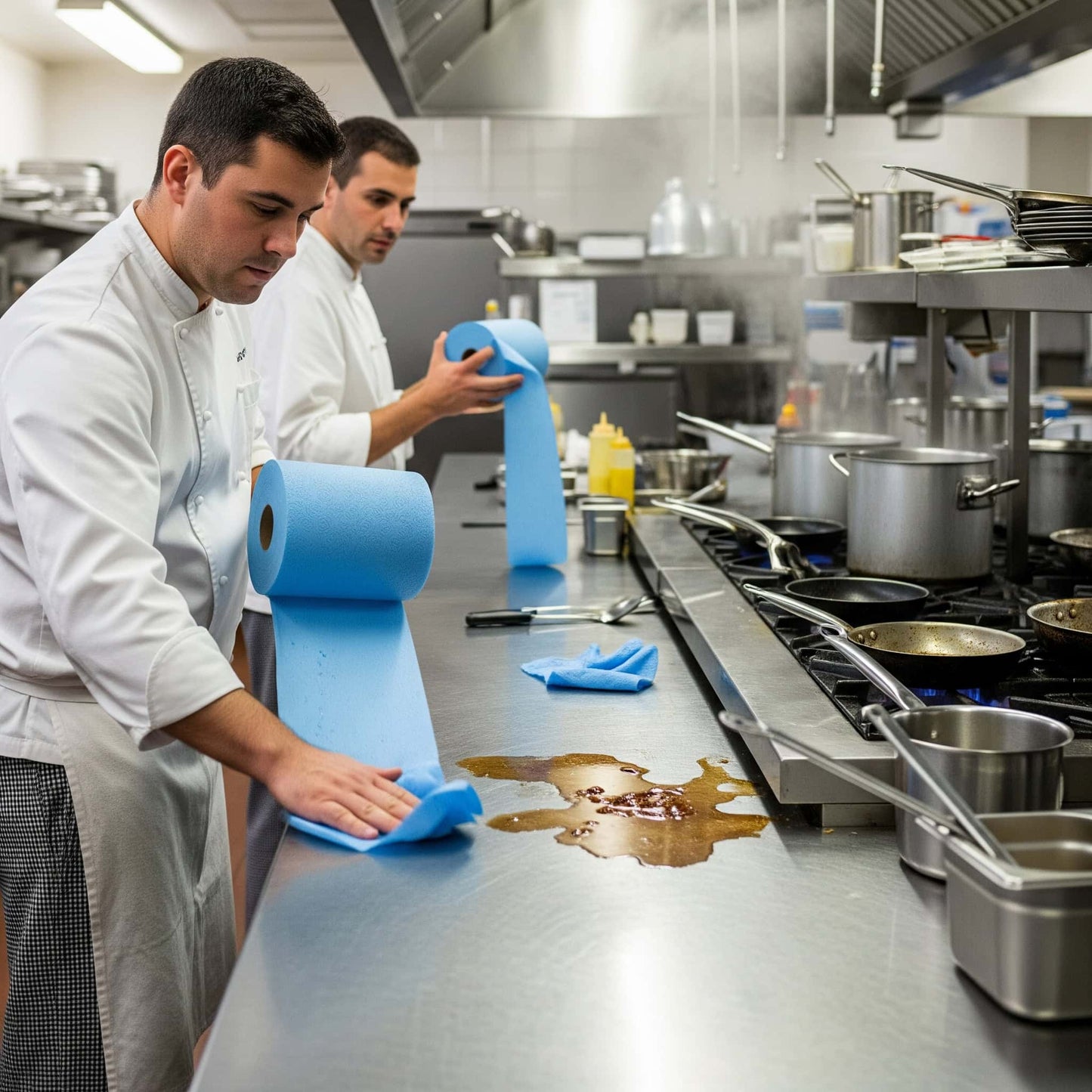 Two chefs in a kitchen using blue paper towels to clean up a spill.