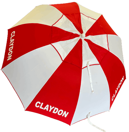 Red and white racecourse bookmakers umbrella with 'CLAYDON' branding on a white background