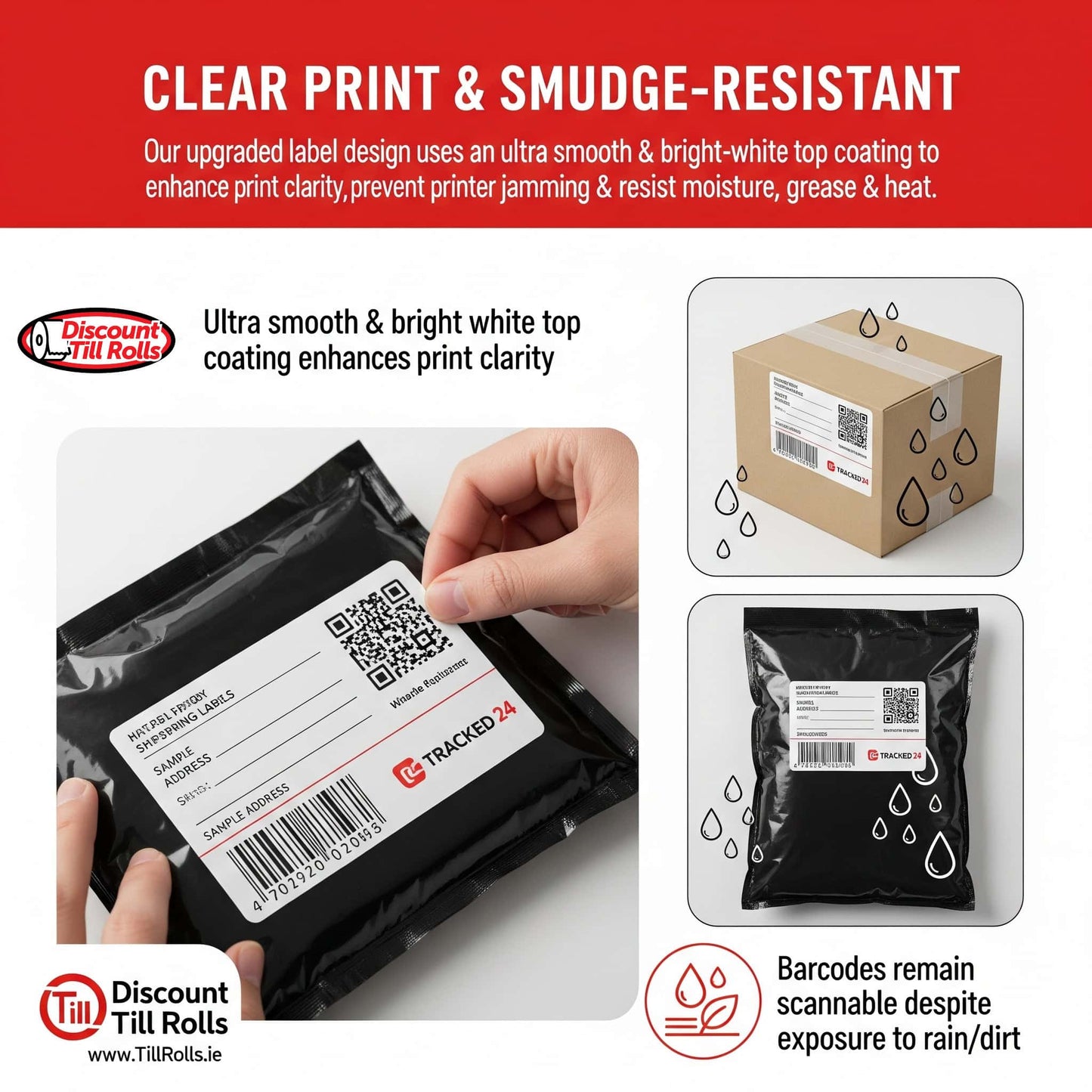Advertisement for Discount Till Rolls labels with clear print and smudge-resistant design.