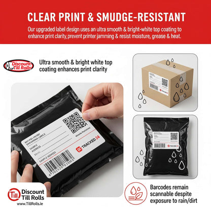Advertisement for Discount Till Rolls labels with clear print and smudge-resistant design.