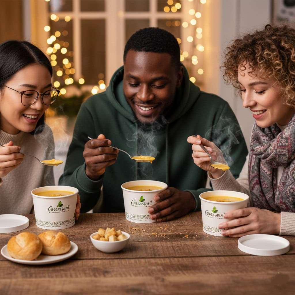16oz White Greenspirit Compostable soup Container with Three people enjoying soup at a table with a warm, cozy background.