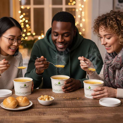 16oz White Greenspirit Compostable soup Container with Three people enjoying soup at a table with a warm, cozy background.