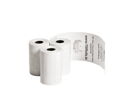 Three white rolls of 57x35mm thermal paper with a visible brand label on a white background