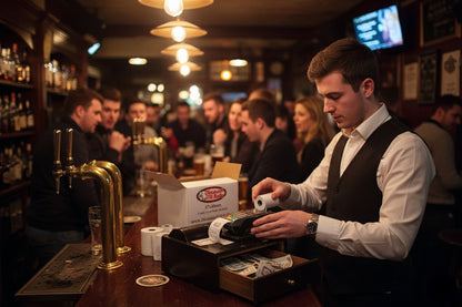 Bar scene with a bartender changing a credit card roll in the terminal with a branded box of Discount Till Rolls credit card rolls sitting on the counter
