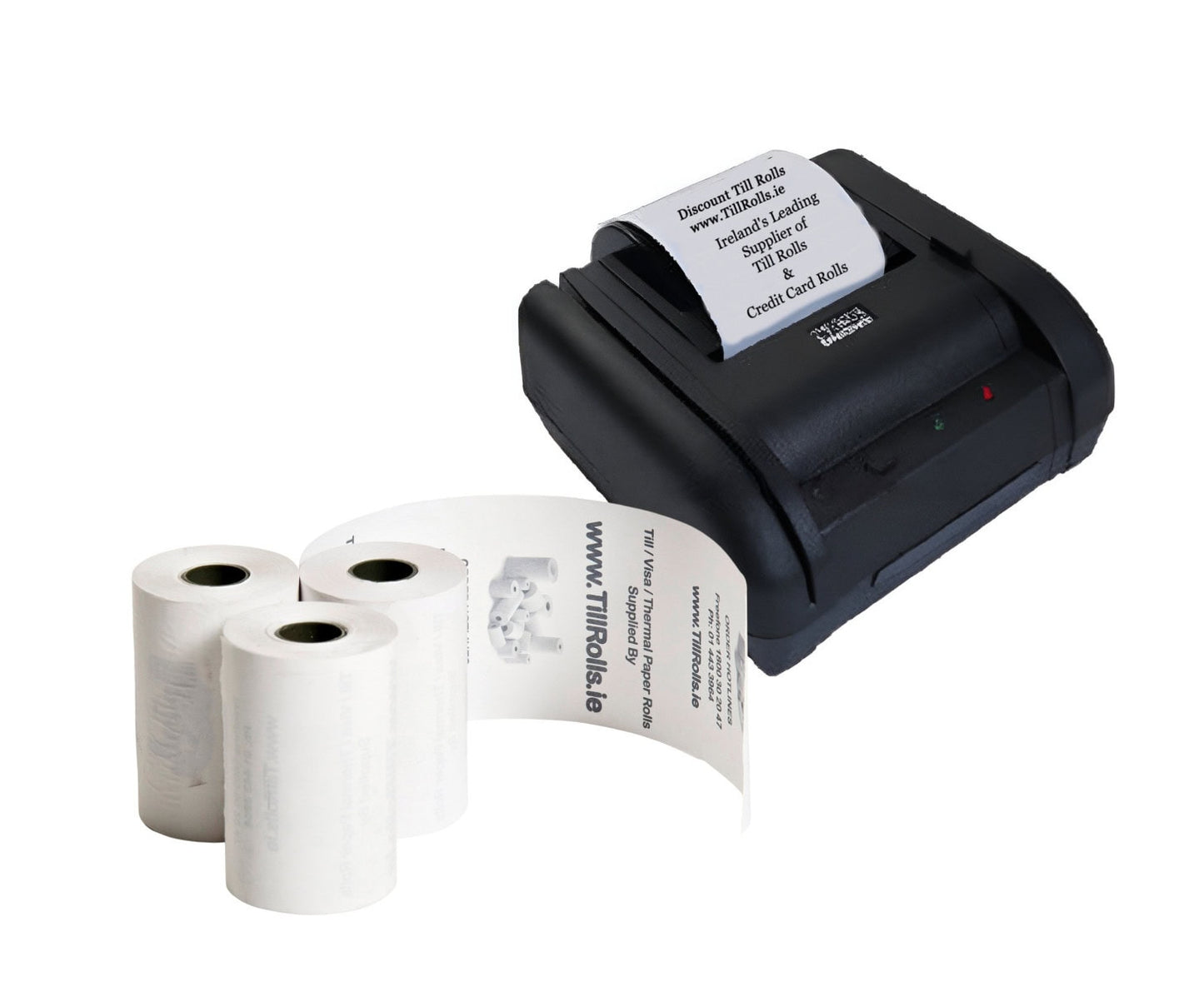 Cygus PT73 Black Receipt printer with three rolls of label tape on a white background