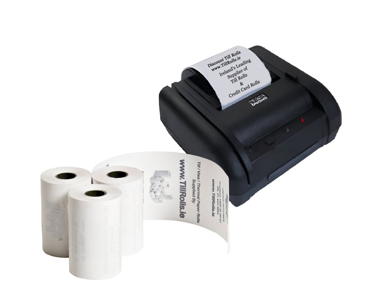 Cygus PT73 Black Receipt printer with three rolls of label tape on a white background