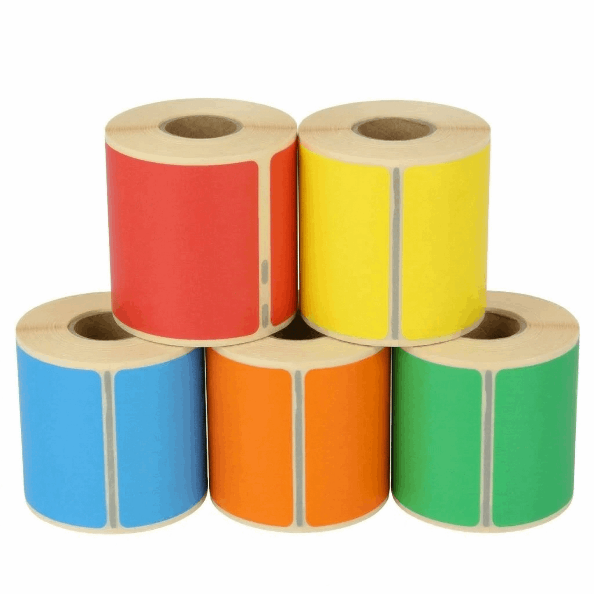 Five rolls Dymo 99014 of coloured labels in red, yellow, blue, orange, and green on a white background.