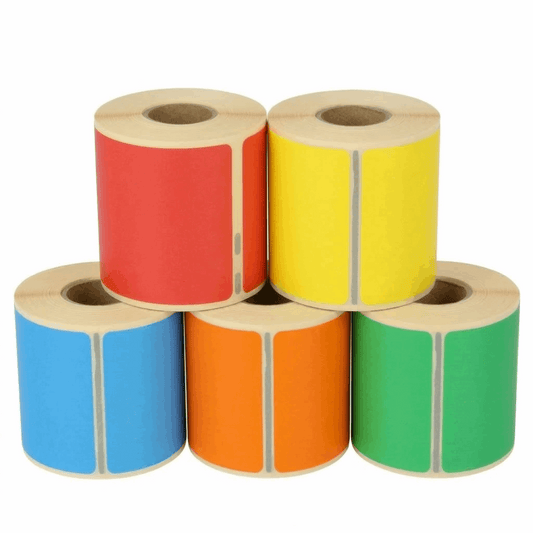 Five rolls Dymo 99014 of coloured labels in red, yellow, blue, orange, and green on a white background.