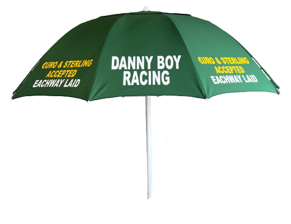 Bookmakers Green Umbrella with 'Danny Boy Racing' text on a white background