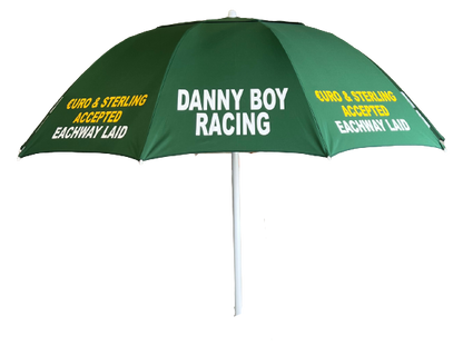Bookmakers Green Umbrella with 'Danny Boy Racing' text on a white background