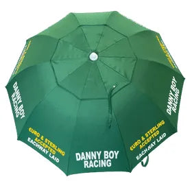 Bookmakers Green Umbrella with 'Danny Boy Racing' branding on a white background