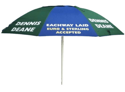 Blue / Green Racecourse Bookies Umbrella with 'Dennis Deane' and betting terms on a white background