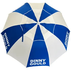 Blue and white racecourse bookmakers umbrella with 'DINNY GOULD' branding on a white background