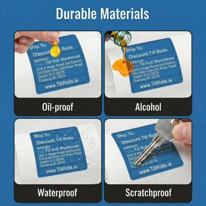 Four scenarios demonstrating the durability of Discount Till Rolls Zebra compatible labels against oil, alcohol, water, and scratching.