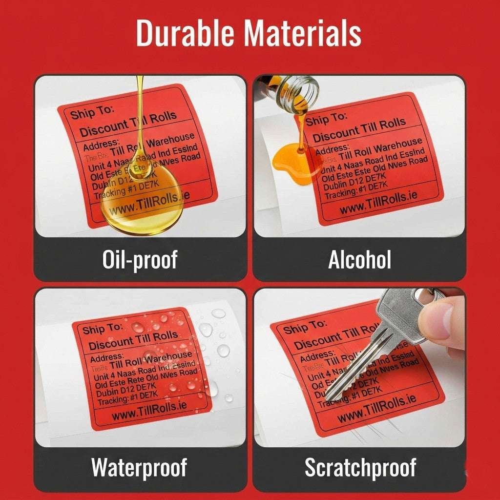 Red labels being tested for durability against oil, alcohol, water, and scratching on a red background.
