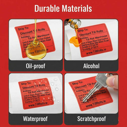 Red labels being tested for durability against oil, alcohol, water, and scratching on a red background.