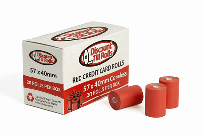 Discount Till Rolls branded box of Red 57x40mm credit card rolls  White Background