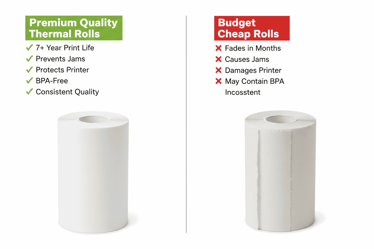 Comparison of premium quality thermal rolls and budget cheap rolls on a white background.