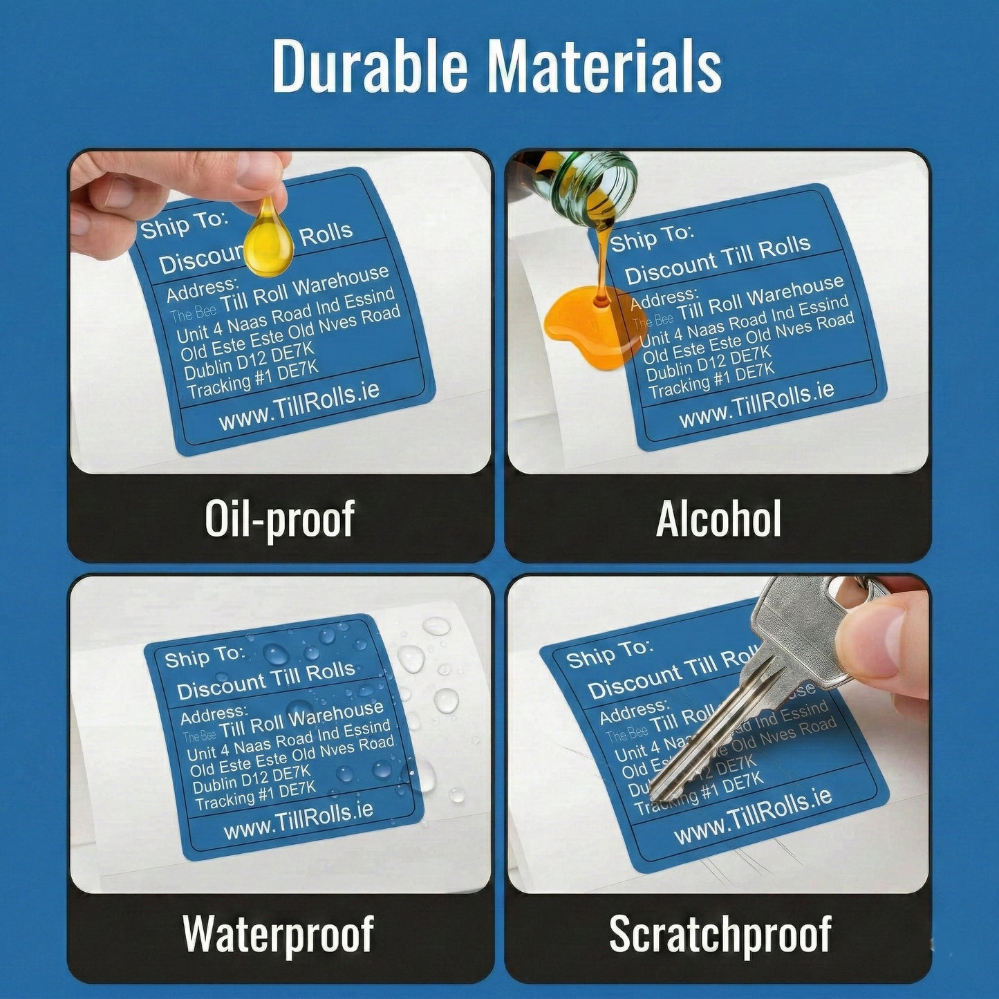 Four scenarios demonstrating the durability of Discount Till Rolls Zebra compatible labels against oil, alcohol, water, and scratching.