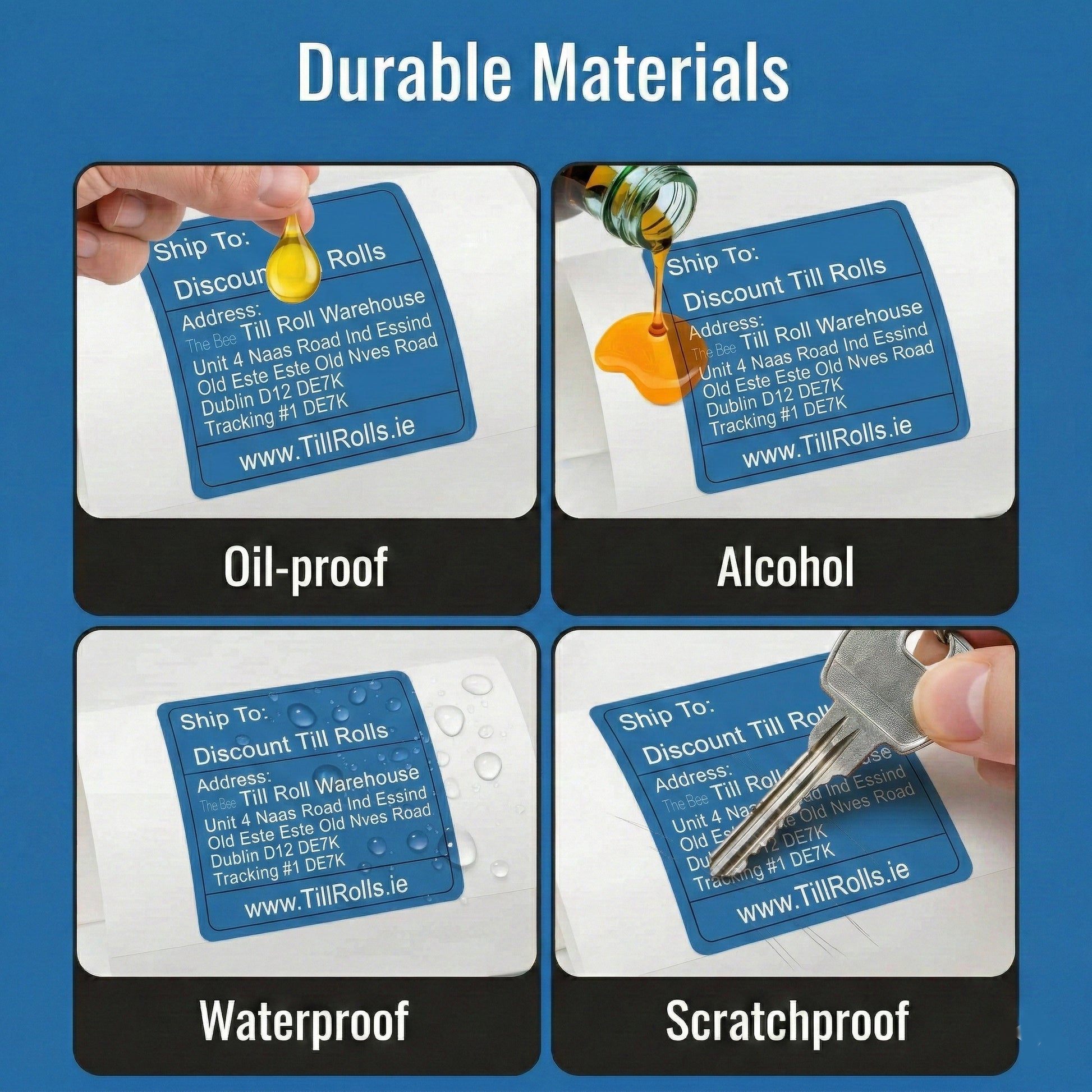 Four scenarios demonstrating the durability of Discount Till Rolls Zebra compatible labels against oil, alcohol, water, and scratching.