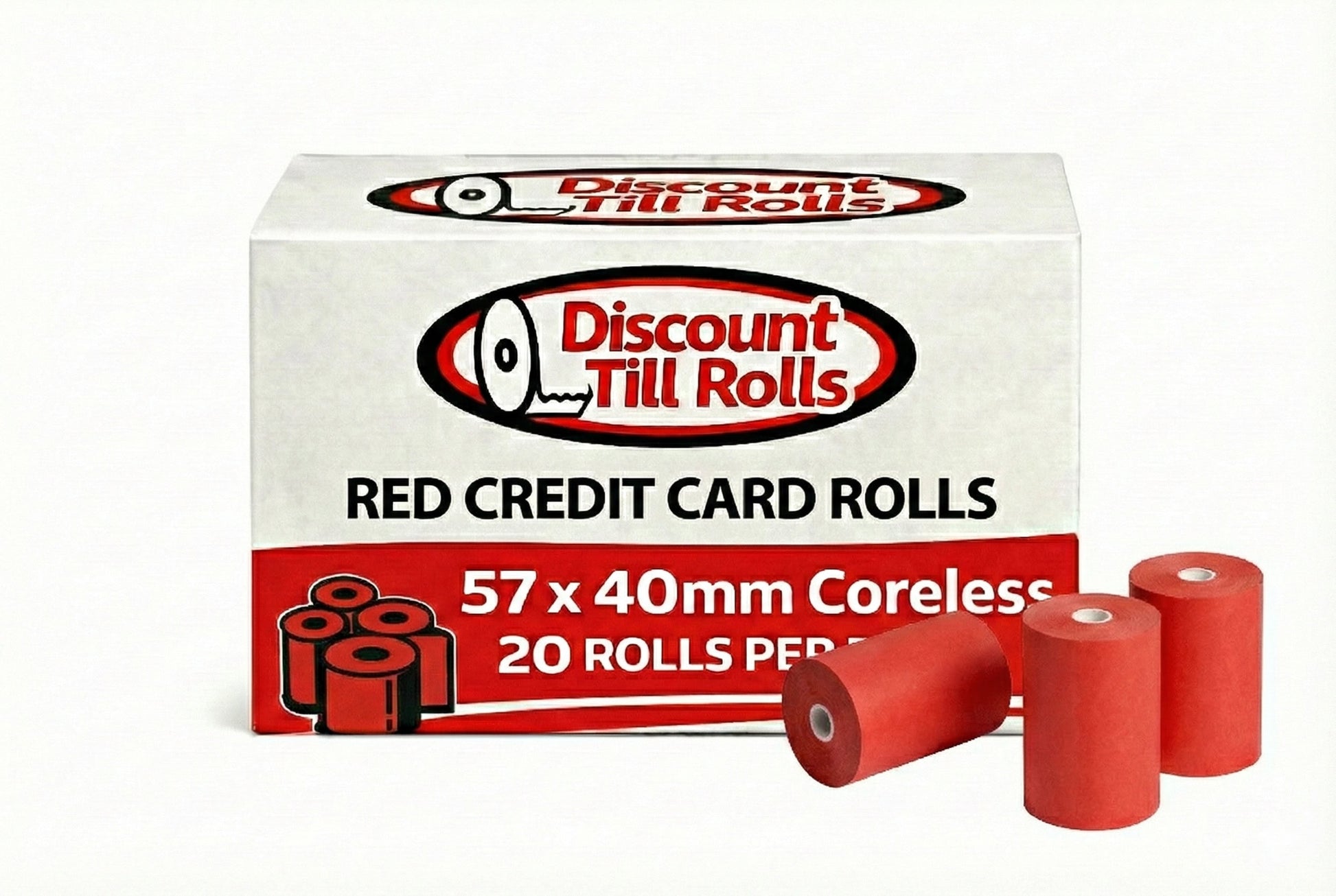 Box of Discount Till Rolls red 57x40mm credit card rolls with two rolls in front on a white background