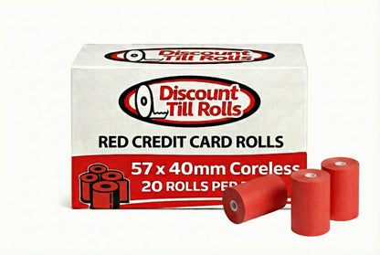 Box of Discount Till Rolls red 57x40mm credit card rolls with two rolls in front on a white background