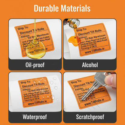 Four panels showing the durability of orange Zebra compatible labels against oil, alcohol, water, and scratching. 