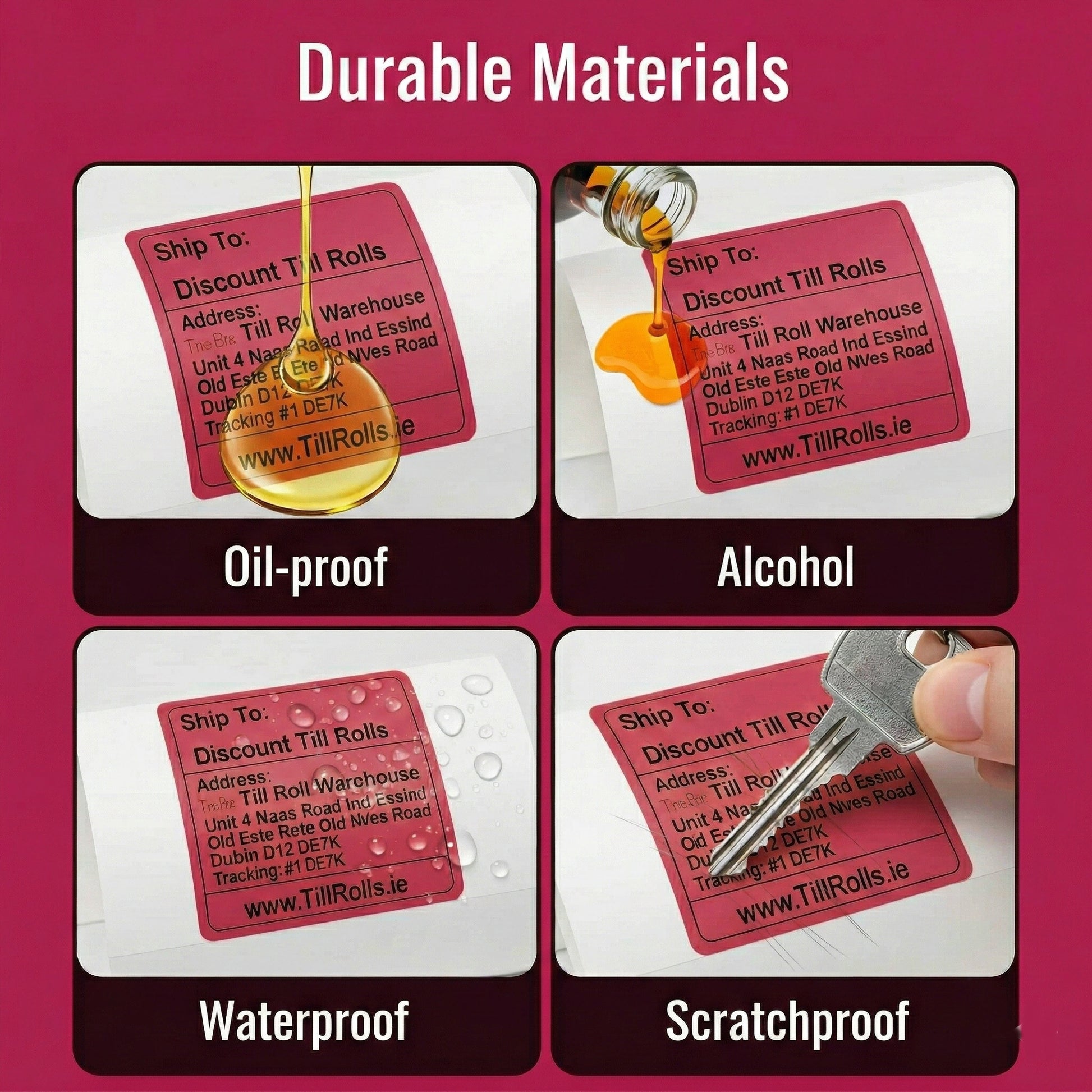 Red  Zebra compatible labels with text on a pink background, demonstrating durability against oil, alcohol, water, and scratching.