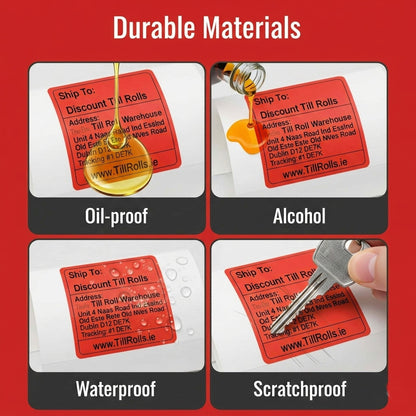 Red labels being tested for durability against oil, alcohol, water, and scratching on a red background.