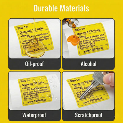 Yellow Zebra compatible labels with text on a yellow background, demonstrating durability against oil, alcohol, water, and scratching.