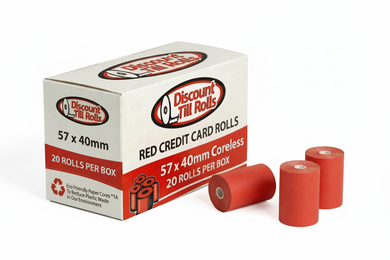 Discount Till Rolls branded box of Red 57x40mm credit card rolls  White Background