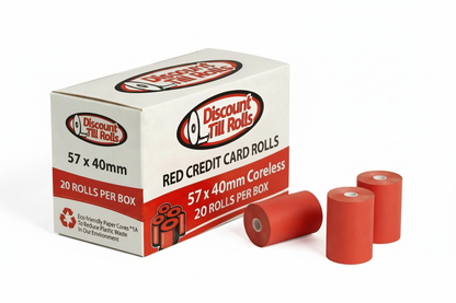 Discount Till Rolls branded box of Red 57x40mm credit card rolls  White Background