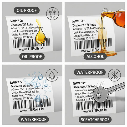 Four labels showcasing different features of oil-proof, alcohol-resistant, waterproof, and scratchproof properties.