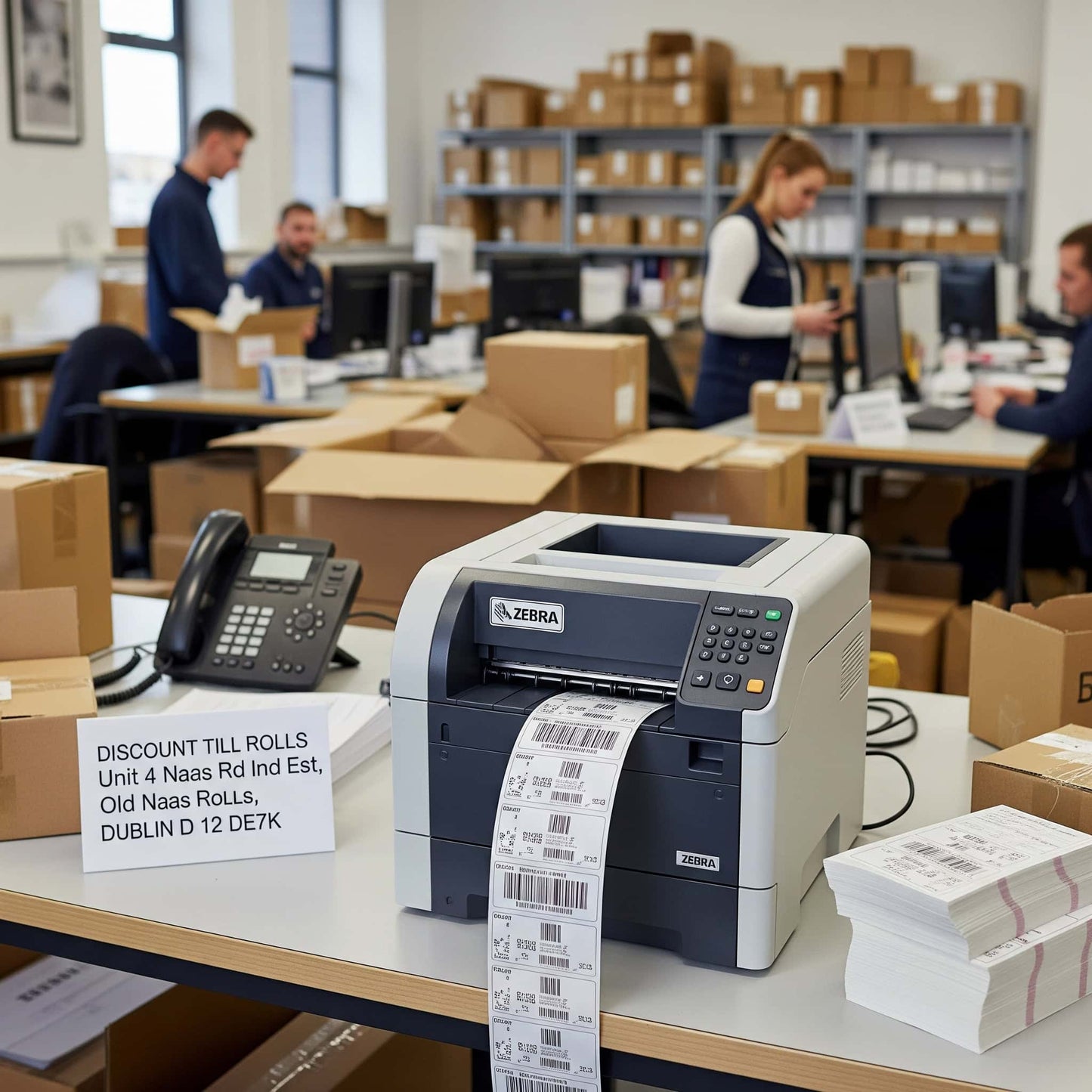 Zebra label printer on a desk with boxes and people in the background