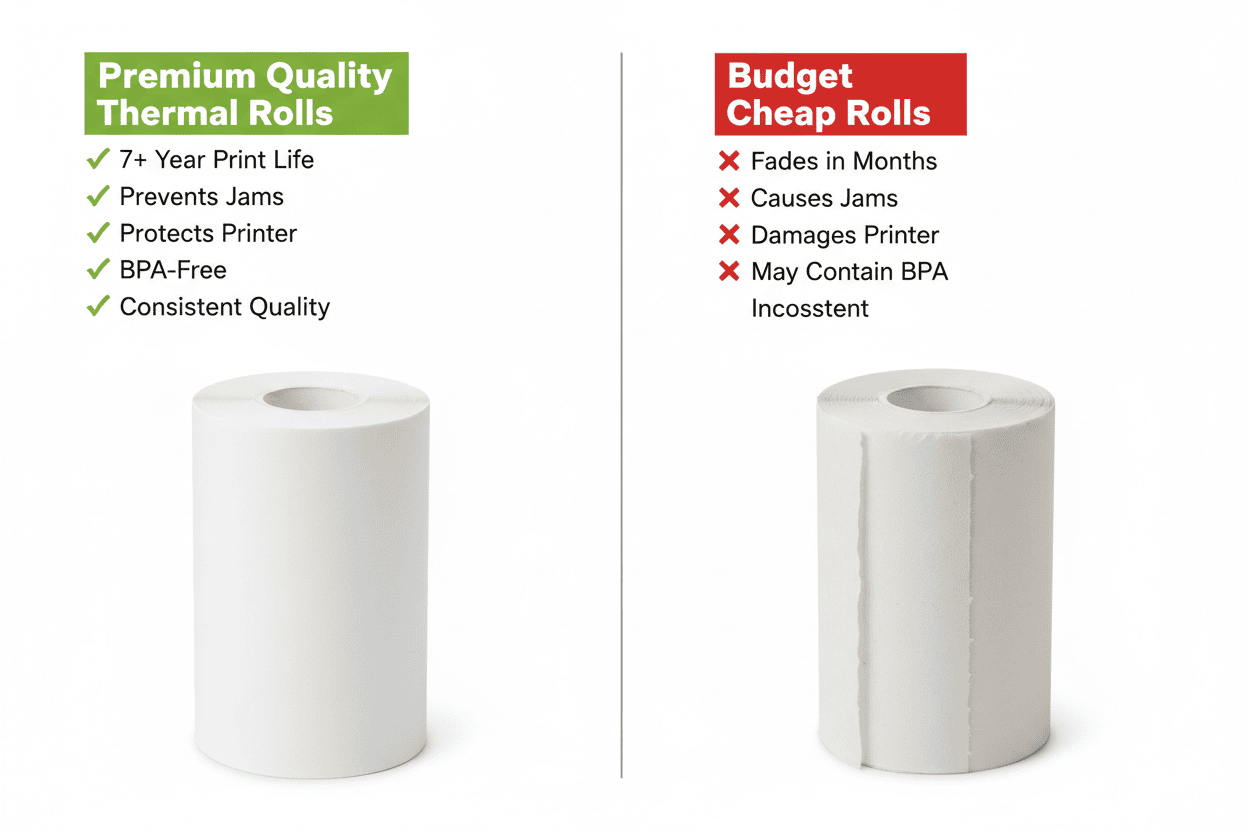 Comparison of premium quality thermal rolls and budget cheap rolls on a white background.