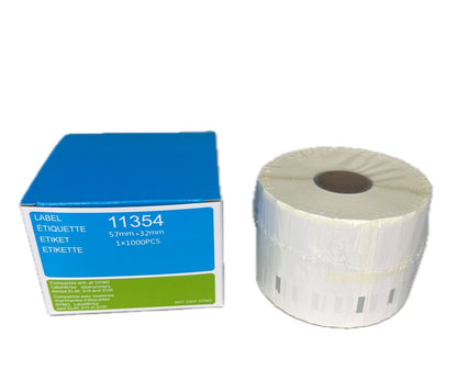Roll of labels with a box labeled Dymo 11354 on a white background