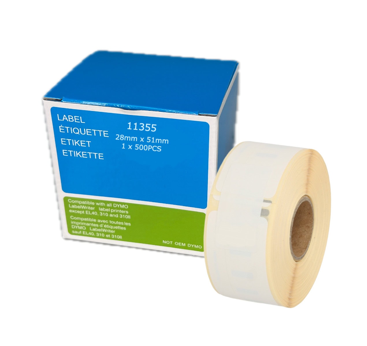 Compatable Dymo Roll of labels with a box labeled 11355 on a white background