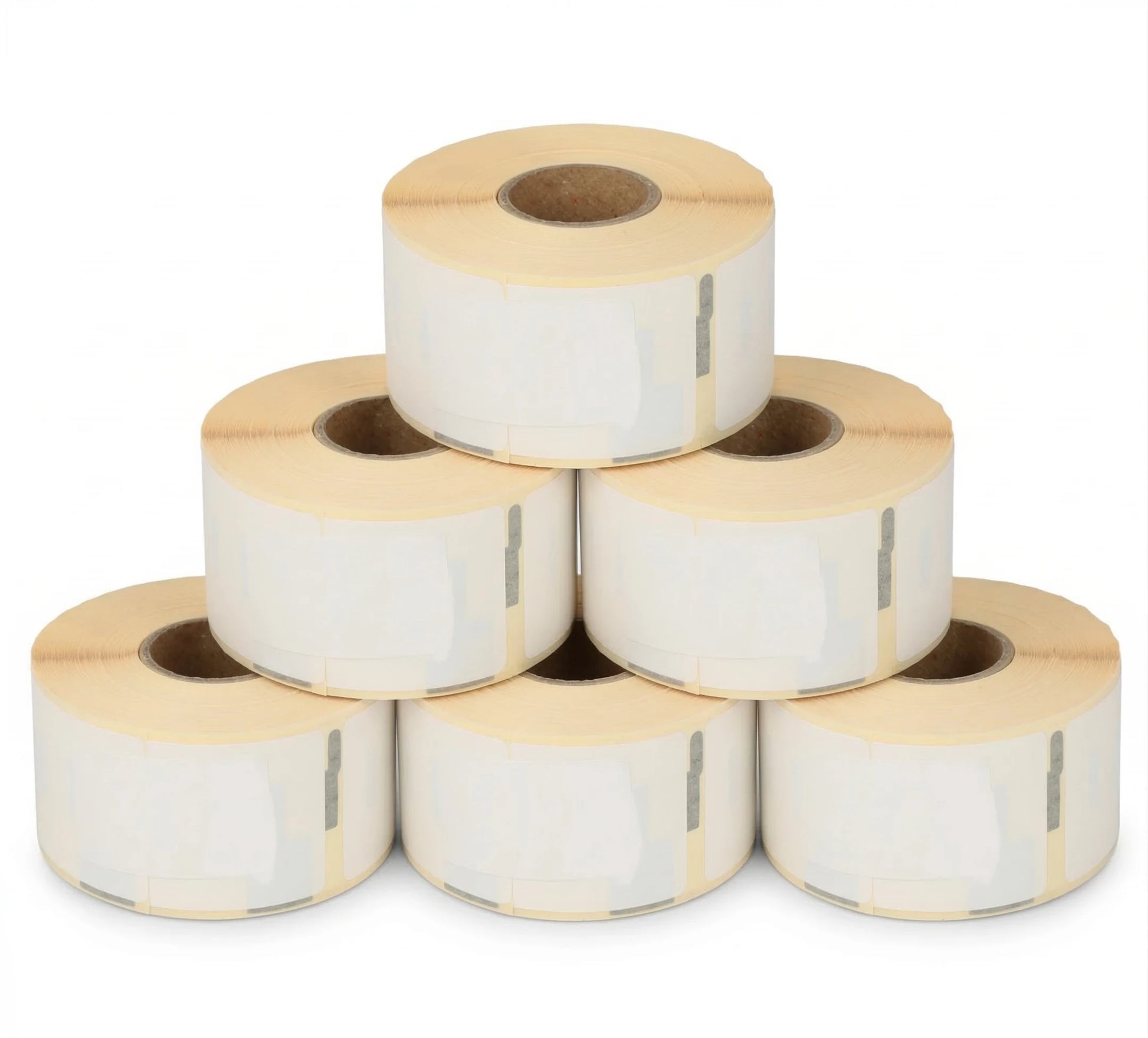 Stack of Dymo 99010 white label rolls on a white background