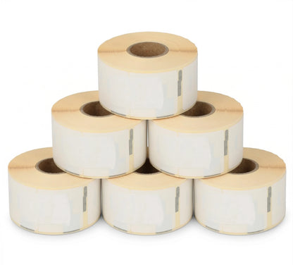 Stack of Dymo 99010 white label rolls on a white background