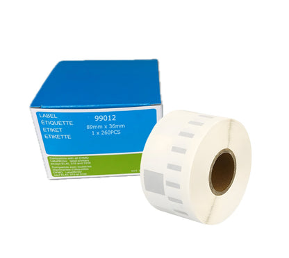 Roll of labels with a box labeled Dymo 99012 on a white background