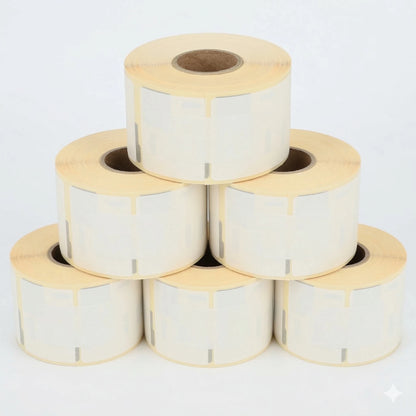 Stack of Dymo 99012 label rolls on a white background