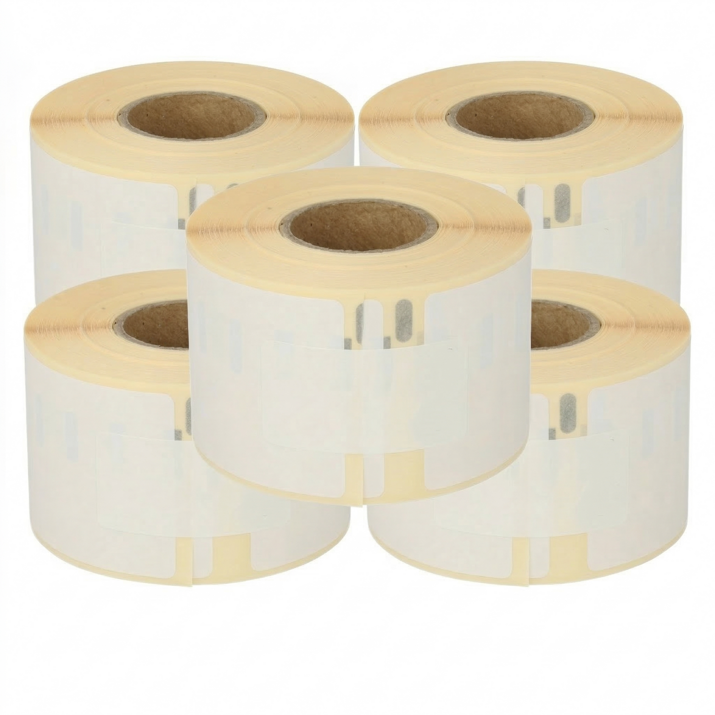 Five rolls of Dymo 99018 label paper on a white background
