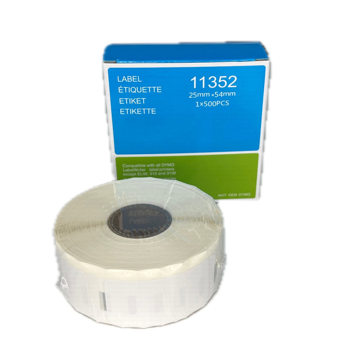 Roll of labels with a box labeled 11352 on a white background