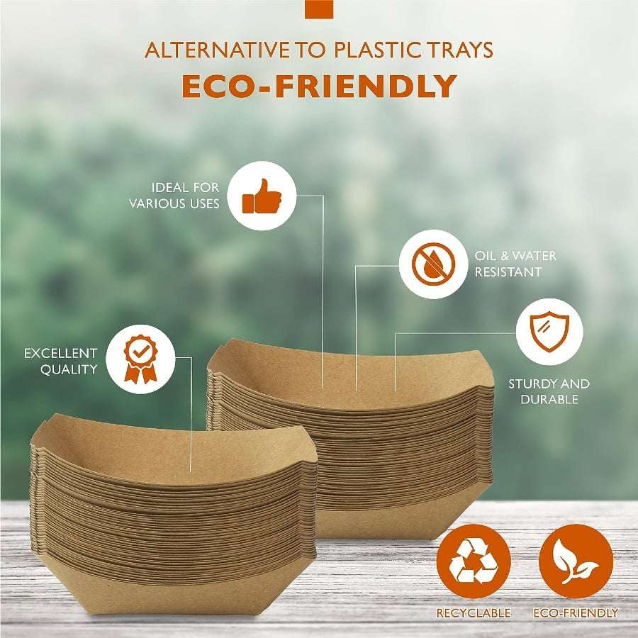 Stacks of eco-friendly brown paper trays with features highlighted on a blurred green background.
