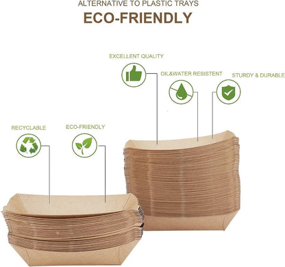 Stacks of eco-friendly paper 3lb Kraft Greenspirit Paper Food Tray with green icons and text highlighting features on a white background.