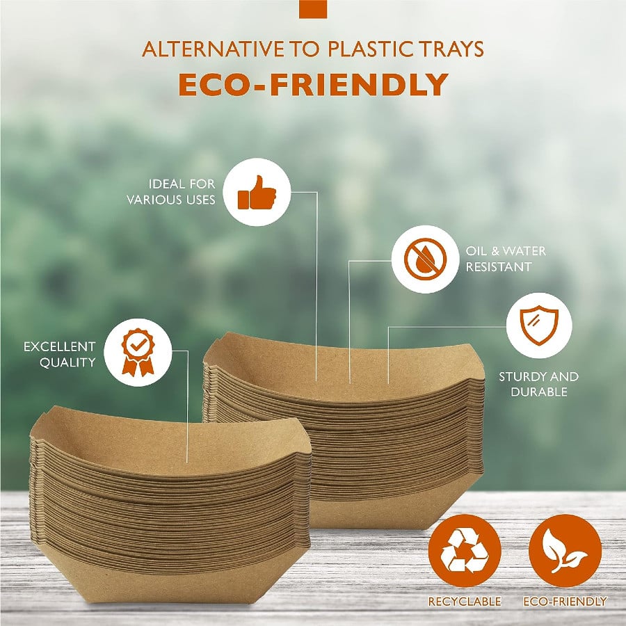 Stacks of eco-friendly brown paper trays with features highlighted on a blurred green background.